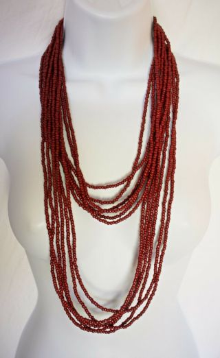 Vintage Natural Cinnabar Bead Necklace Six Strands Sterling Clasp 60 " Length
