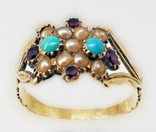 Antique,  Yellow Gold,  Almandine Garnet,  Turquoise & Seed Pear Ring