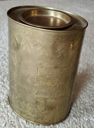 Vintage English Breakfast Tea Engraved Tea Canister Oval Brass Tin 7 " Metal