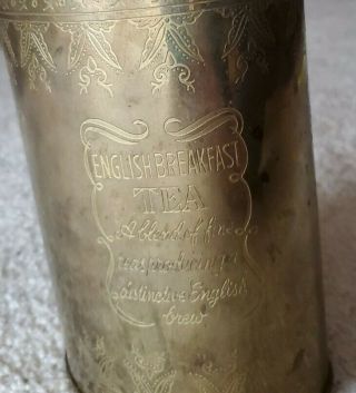 Vintage English Breakfast Tea Engraved Tea Canister Oval Brass Tin 7 