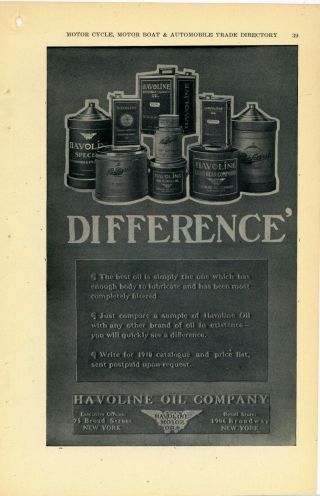 1910 Havoline Motor Oil Ad: Multiple Cans Pictured - York City