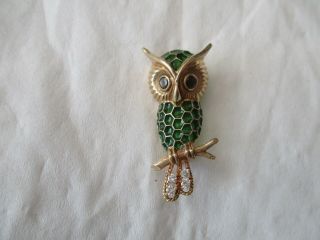 14k Yellow Gold Owl Pin,  Green Plique - A - Jour Enamel,  4 Diamonds 2 Star Sapphires