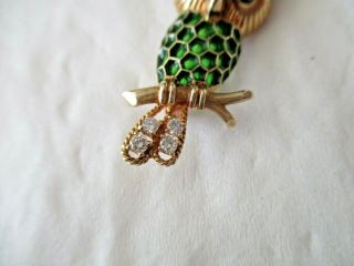 14K Yellow Gold Owl Pin,  Green Plique - A - Jour Enamel,  4 Diamonds 2 Star Sapphires 4