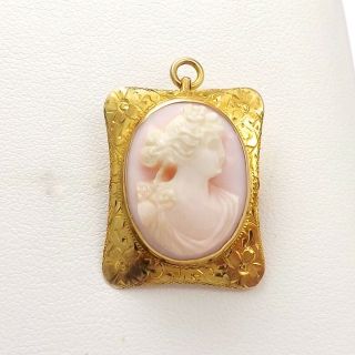 Victorian 10k Gold High Relief Carved Angel Skin Coral Cameo Brooch Pin Pendant 2