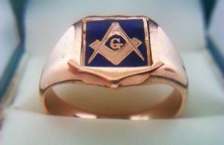 Vintage Heavy 9ct Rose Gold Enamel Masonic Swivel Ring John Henry Wynn 1919
