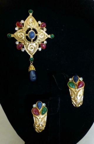 Trifari Tm Jewels Of India Moghul Dangle Brooch &earrings Faux Gems &rhinestones