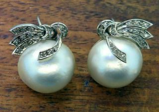 Vintage Palladium Art Deco Antique 20 Mm Mabe Pearl Diamond Filigree Earrings
