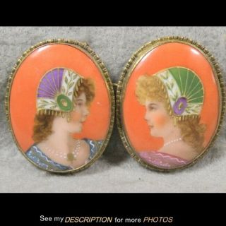 Great Art Deco Hand Painted Porcelain Czech Belt Buckle Ladies Heads