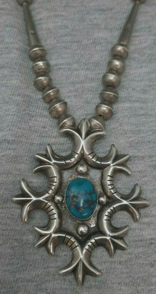 Vintage Old Pawn Navajo Handmade Coin Silver Bold Turquoise Pendant & Necklace