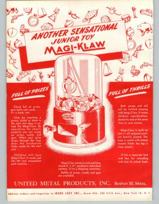 1950 Paper Ad 2 Sided Magi - Klaw Gumball Machine Crane Venda Vending Bank Toy