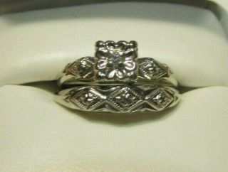 Vintage Estate 14k White Gold Diamond Engagement Ring Set Signed Cardinal Sz 6.  5