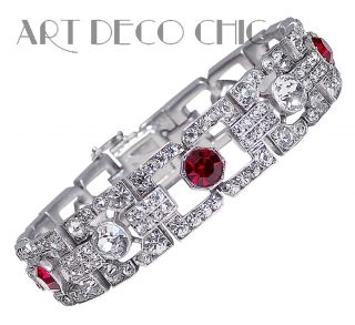 Art Deco Knoll & Pregizer 935 Sterling Silver,  Ruby & Diamante Paste Bracelet
