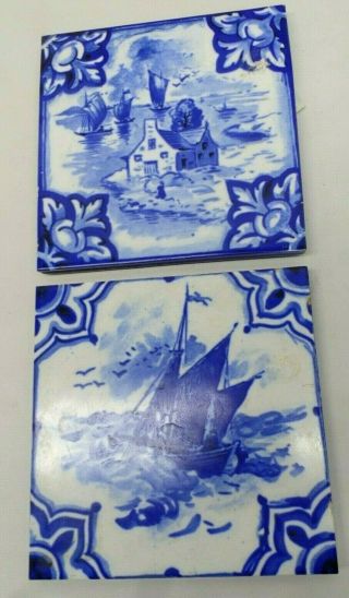 2 Blue White Delft - Style Holland Tiles / Trivets / Coasters 6 " Ship,  House Vgc