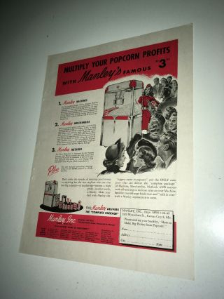 Manley Movie Trade Ad 1949 Movie Theater Popcorn Machine Advertising The 3