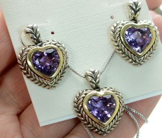 Hds Helzberg 925 Sterling Silver & 18k Gold Amethyst Heart Earrings & Necklace.