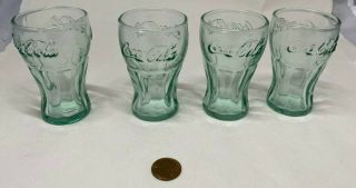 Set Of 4 Vintage Green Glass Coca Cola Coke Glasses 3 " Mini Glasses Shot Juice