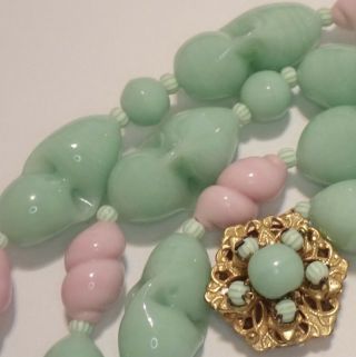 Vintage Miriam Haskell Pink Jadeite Green Art Glass Bead Necklace