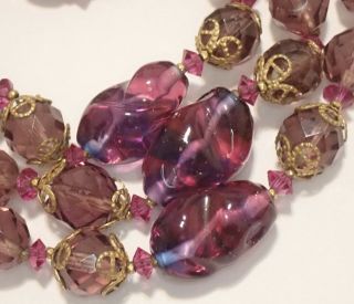 Vintage Miriam Haskell Gilt Brass Purple Art Glass Bead Necklace