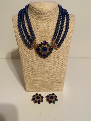 Trifari Multi Color Cabochon Stones Signed Necklace And Earring Set