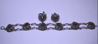 Vtg Arts & Crafts Era Sterling Silver Handwrought Flower Bracelet & Earrings Set