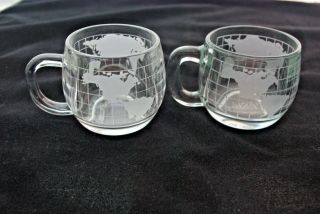 2 Nestle Nescafe Etched Glass World Globe Map Coffee Mugs Cups