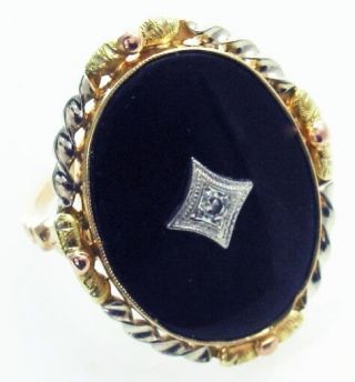 Vintage Estate Huge Onyx And Diamond 10k Yellow And White Gold Cocktail Ring 5.  5