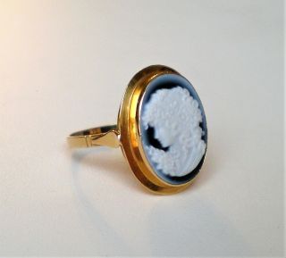 Vintage Solid 18K 750 Yellow Gold Carved Blue Agate Lady Face Cameo Ring 2