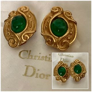 Vintage Signed Christian Dior Gripoix Glass Gold Plated Clip On Earrings