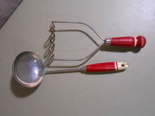 Ladel & Potato Masher With Red / White Wood Handles A & J
