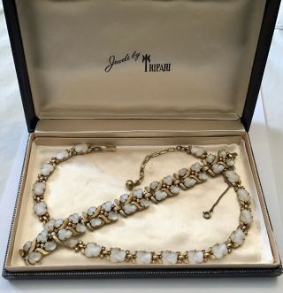 Vintage Crown Trifari Signed Moonstone Glass Fruit Salad Necklace & Bracelet