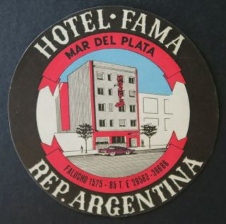 Ancienne étiquette Valise Hotel Fama Mar Del Plata Argentina Old Luggage Label