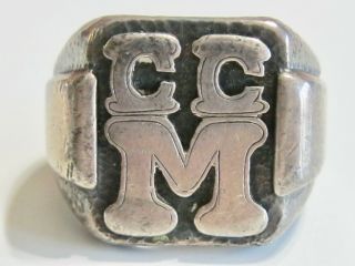 Arts And & Crafts Sterling Silver C C M Signet Initial Letter Monogram Mens Ring