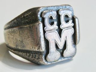 ARTS AND & CRAFTS STERLING SILVER C C M SIGNET INITIAL LETTER MONOGRAM MENS RING 3