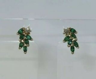 Vintage Bh Effy 14k Yellow Gold Natural Emerald & Diamond Cluster Earrings