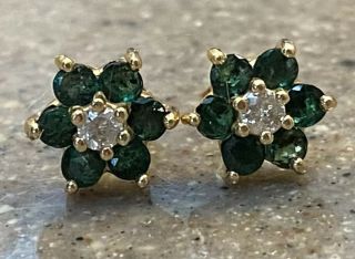Vintage Bh Effy 14k Yellow Gold Natural Emerald & Diamond Flower Earrings