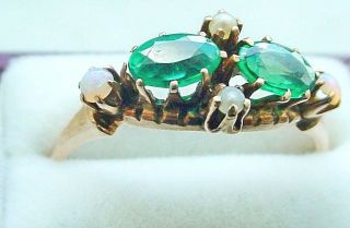 Vintage Emerald Opal & Seed Pearl Ring 14k Yellow Gold Size 7.  5
