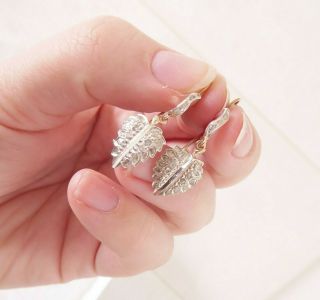 15ct Gold Silver Rose Cut Diamond Novelty Leaf Earrings,  Victorian