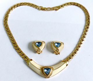 Vintage Set Of Christian Dior Necklace & Clip Earrings With Enamel & Blue Stone