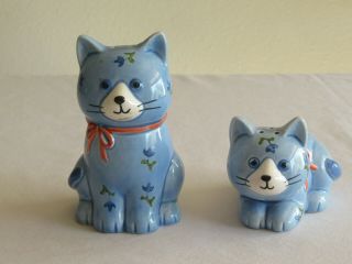 Read Vintage Otagiri Japan Ceramic 2 Blue Floral Cats Salt & Pepper Shaker