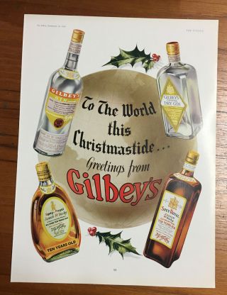 1936 Gilbey’s Gin Scotch Whisky Globe Christmas To The World Color Print Ad