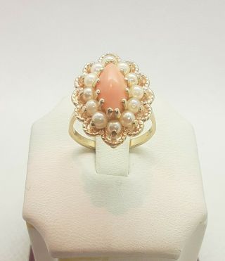 14k Vintage Solid Yellow Gold Natural Coral Cabochon And Pearl Ring - Size 7
