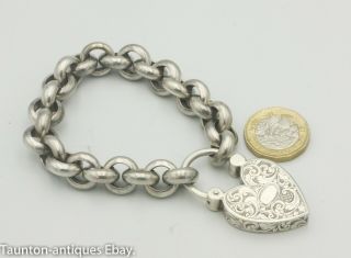 Very Large Size Solid Silver Heart Padlock Belcher Link Chain Bracelet C.  1890