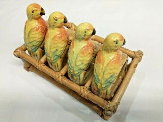 Set Of 4 Ceramic Porcelain Parrot Napkin Rings With Bamboo/rattan Holder