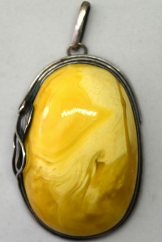 Vintage Sterling Silver And Large Untreated Baltic Butterscotch Amber Pendant
