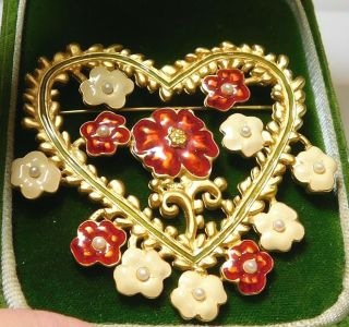 Large Karl Lagerfeld Channel Red Enamel Flowers Seed Pearls Gold Heart Brooch