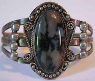 Vintage Native American Navajo Indian Silver Scenic Petrified Wood Cuff Bracelet