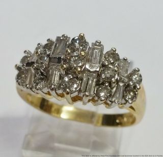 Approx 1ctw Fine Diamond Round Baguette Cluster 14k Gold Wide Band Ring