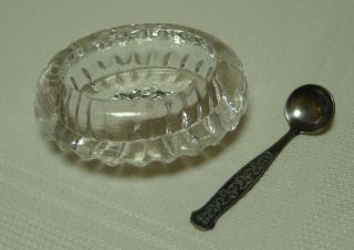 Vintage Oval Pressed Glass Salt Dip With Meka Denmark Silver Salt Spoon