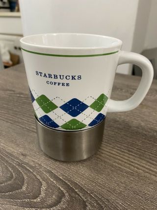 2006 Starbucks Argyle Stainless Steel Ceramic Coffee Mug Cup No Slide Rubber