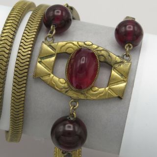 Vtg 1920’s Art Deco French Gas Pipe Red Glass Dangle Sautoir Flapper Necklace